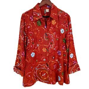 ANU Womens Sz Small 100% LINEN Burnt Orange Embroidered Wearable Art Shirt Top